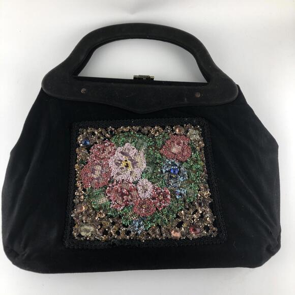 Vintage women's rhinestone beaded floral framed satchel handbag rare read desc